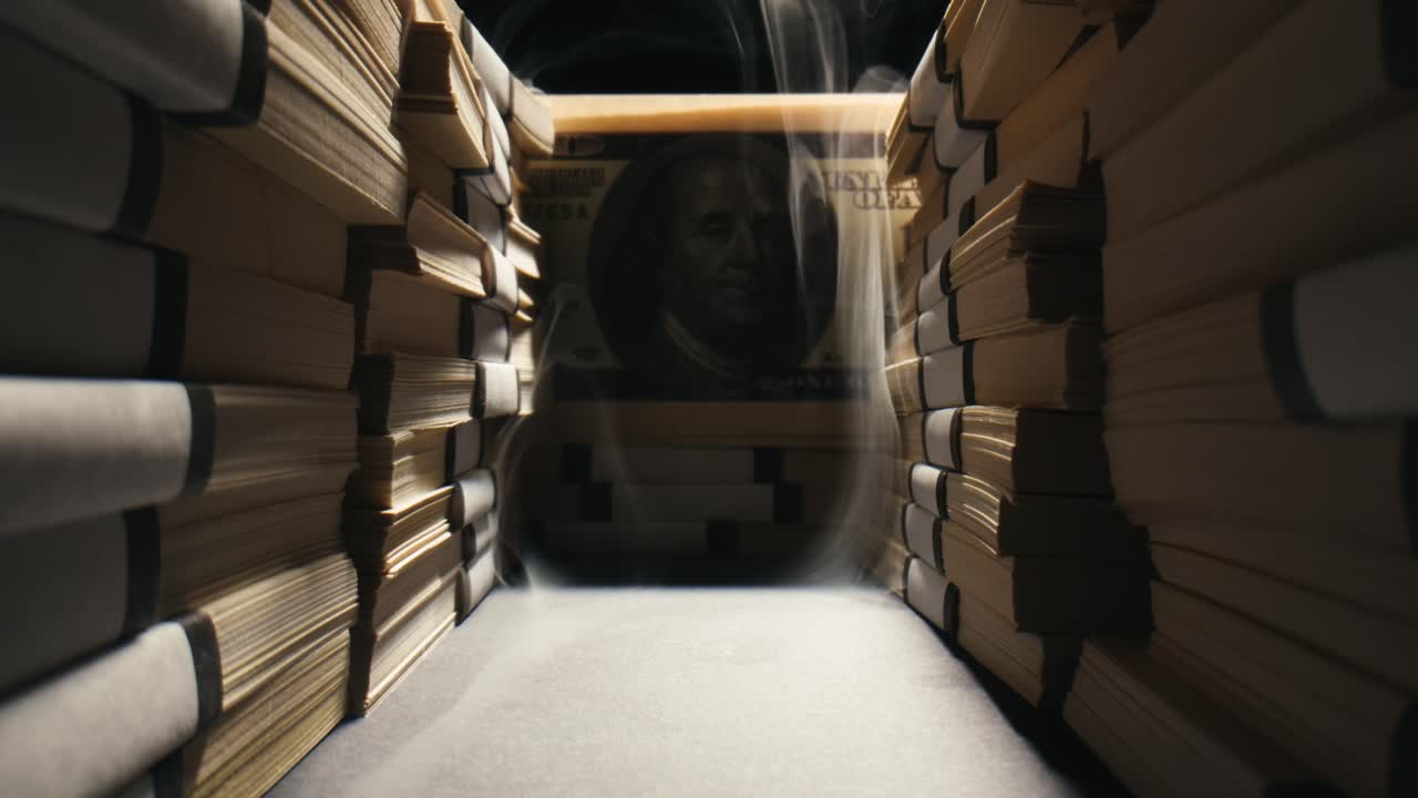 Stacks of cash dollars and euro, Banknotes counting, Specialised police officer Counting dollar euro banknotes in crime lab with machine, cashed out money, bitcoin changing, buying home flat in bank.