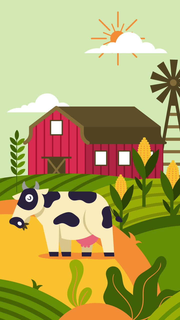 소 와 창고 를 가진 농장 장면