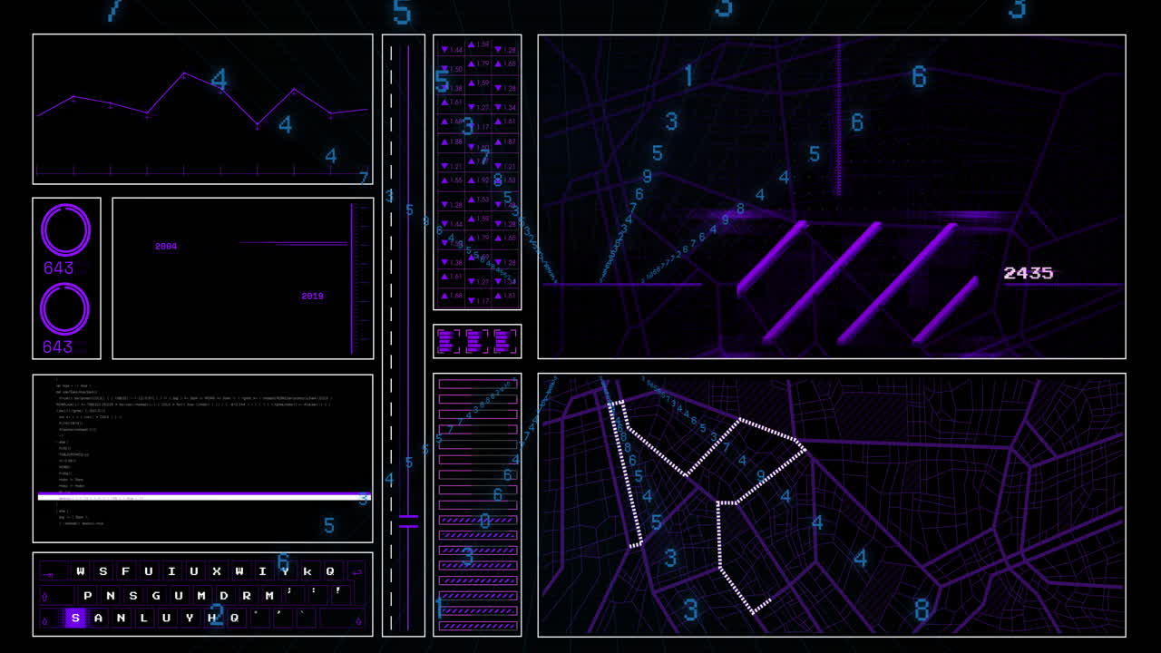Displaying animation of futuristic data graphs with geometric patterns in purple