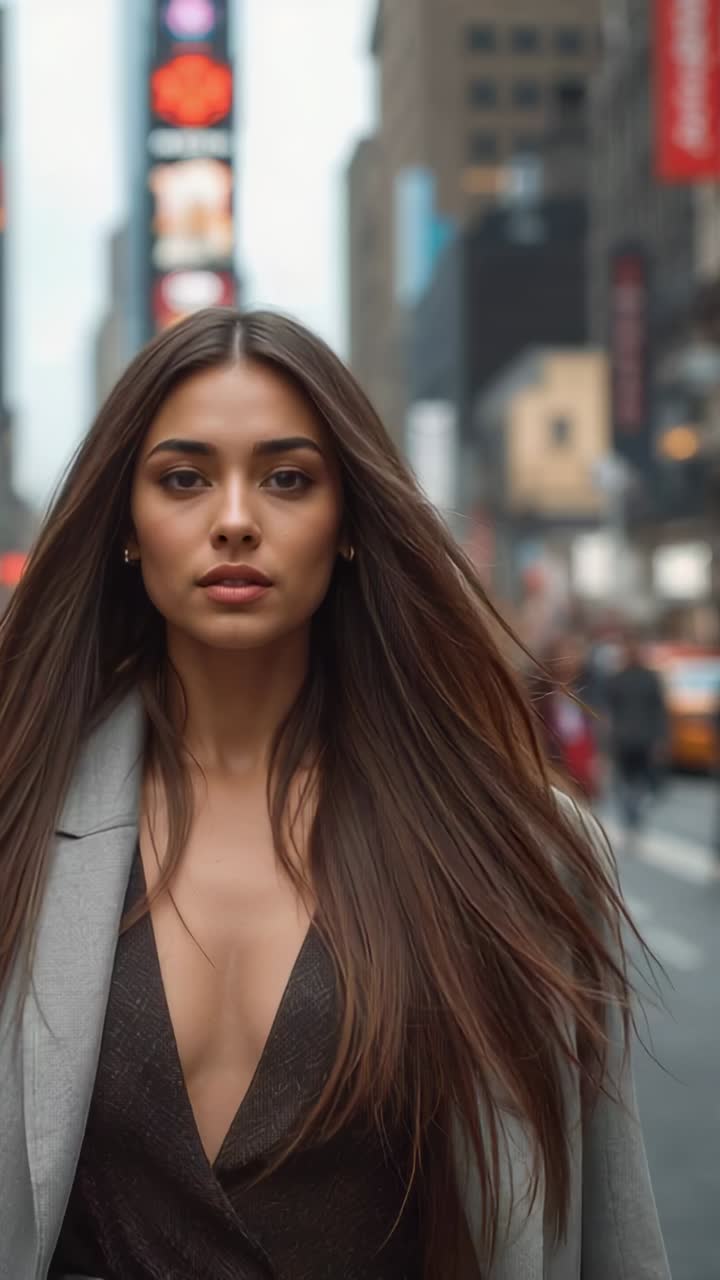 Vertical video: Framing, walking woman in gray coat and V-neck top modeling toward camera on street