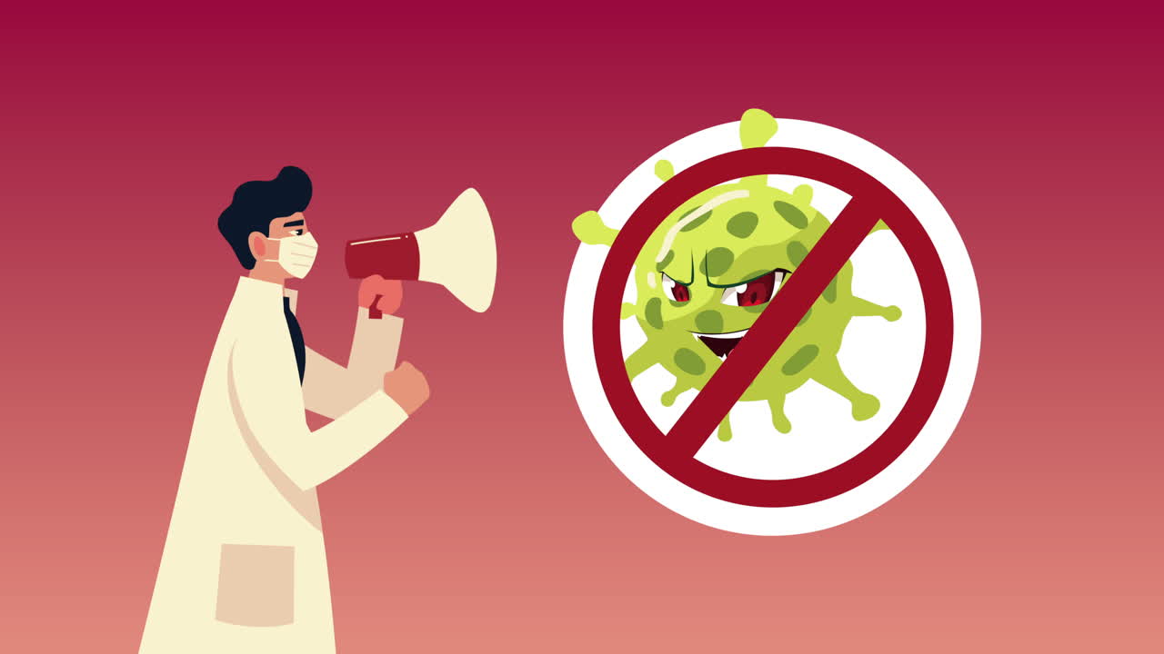 메가폰 캐릭터와 함께 의료 마스크를 착용 한 남성 의사