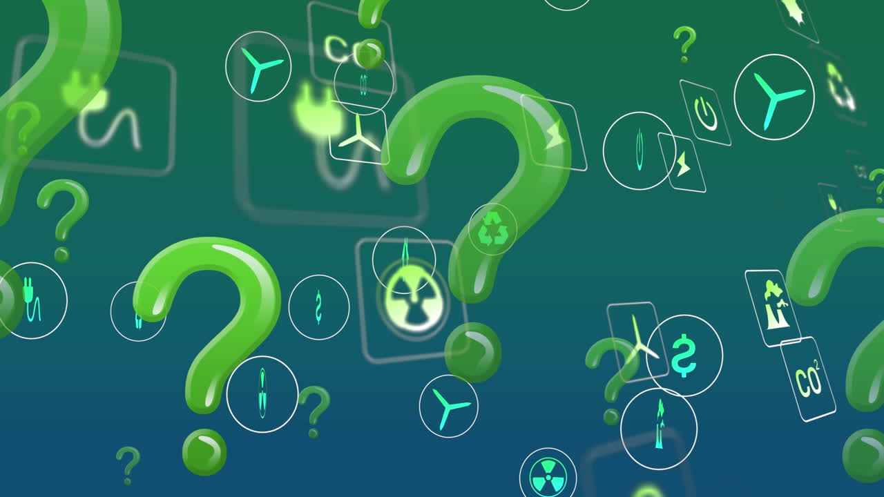 animación de iconos ecológicos y signos de interrogación sobre fondo verde