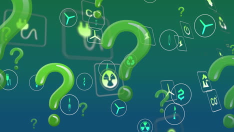 animation of ecology icons and question marks on green background