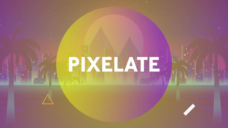 Animating neon circle by fragments appearing and revealing Pixelate wordmark in dusk cityscape