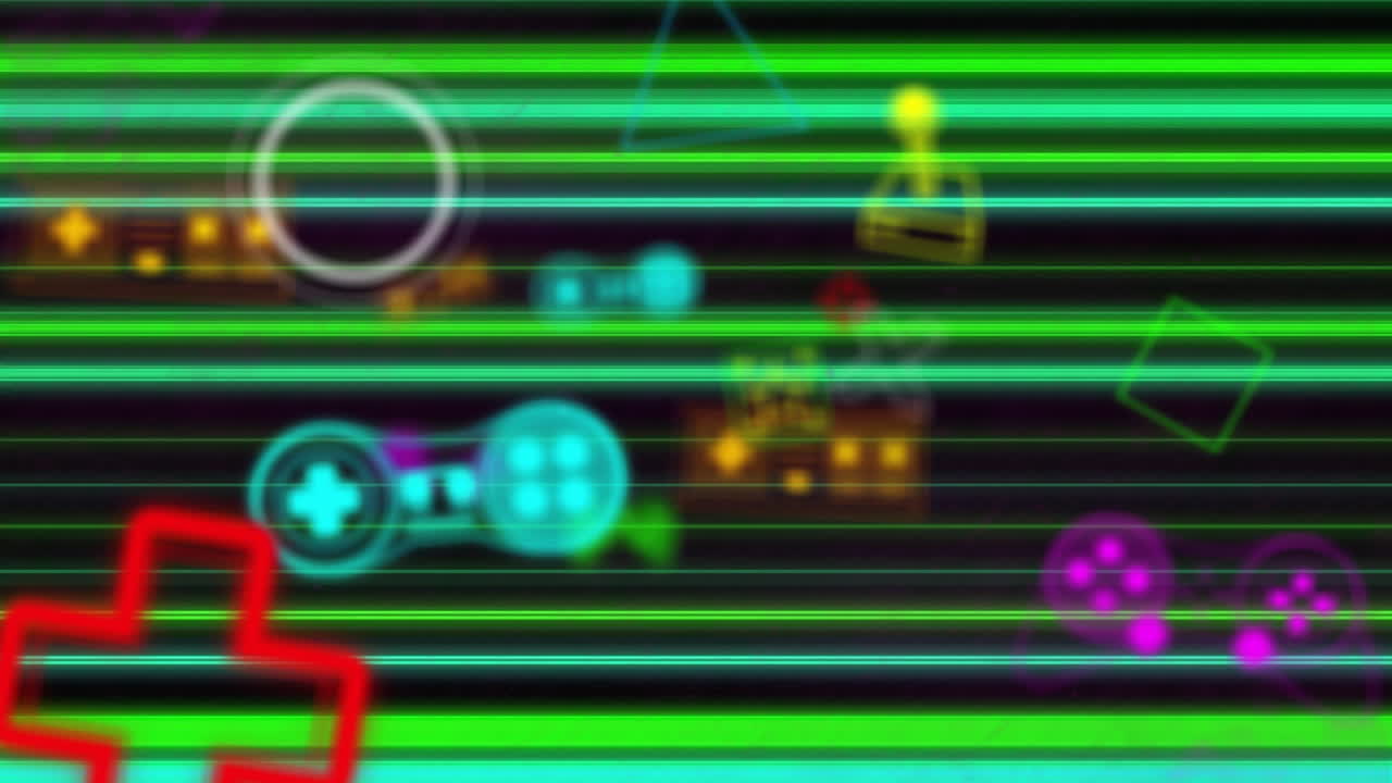 animación de formas geométricas, consolas de juegos sobre líneas contra un fondo negro