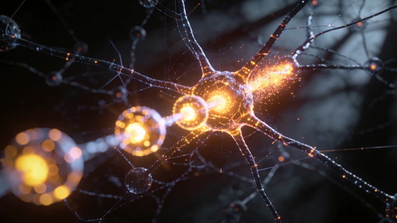 Left spheres glowing, causing central neuron carrying signal along axon under microscope, firing