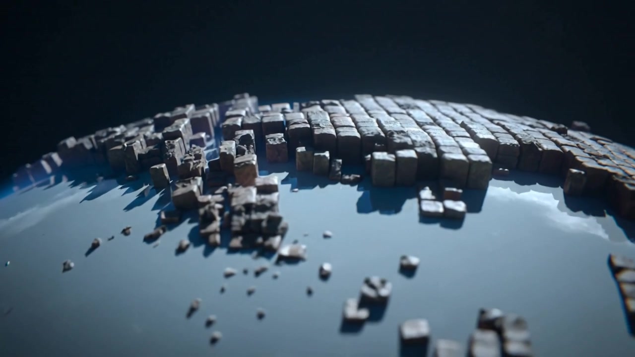 Rotating camera moving closer to stylized planet in space, revealing raised cubic tiles, rim