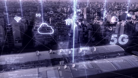 Aerial-view-of-satellites-connecting-city-of-Buenso-Aires-with-visual-effects,-wifi,-5G,-digital-lines---Futurisitic-concept