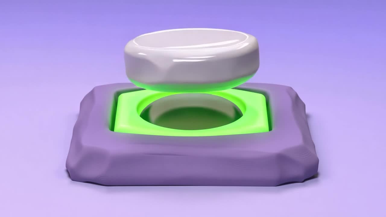 3D 애니메이션에서 눌리며 초록색으로 빛나는 하얀 버튼