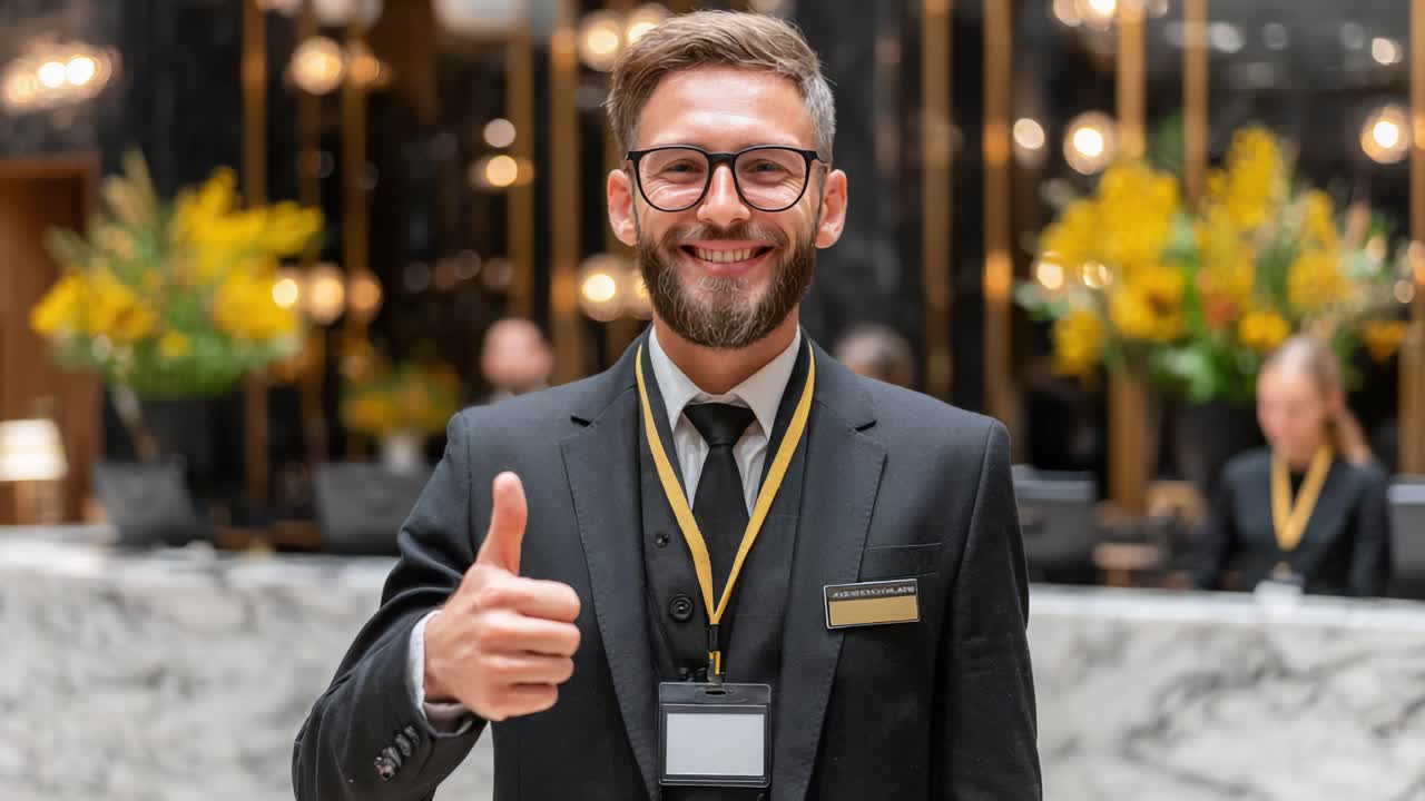 Receptionist professionista di hotel che mostra un atteggiamento amichevole e un eccellente servizio clienti con un gesto di approvazione in una lussuosa hall