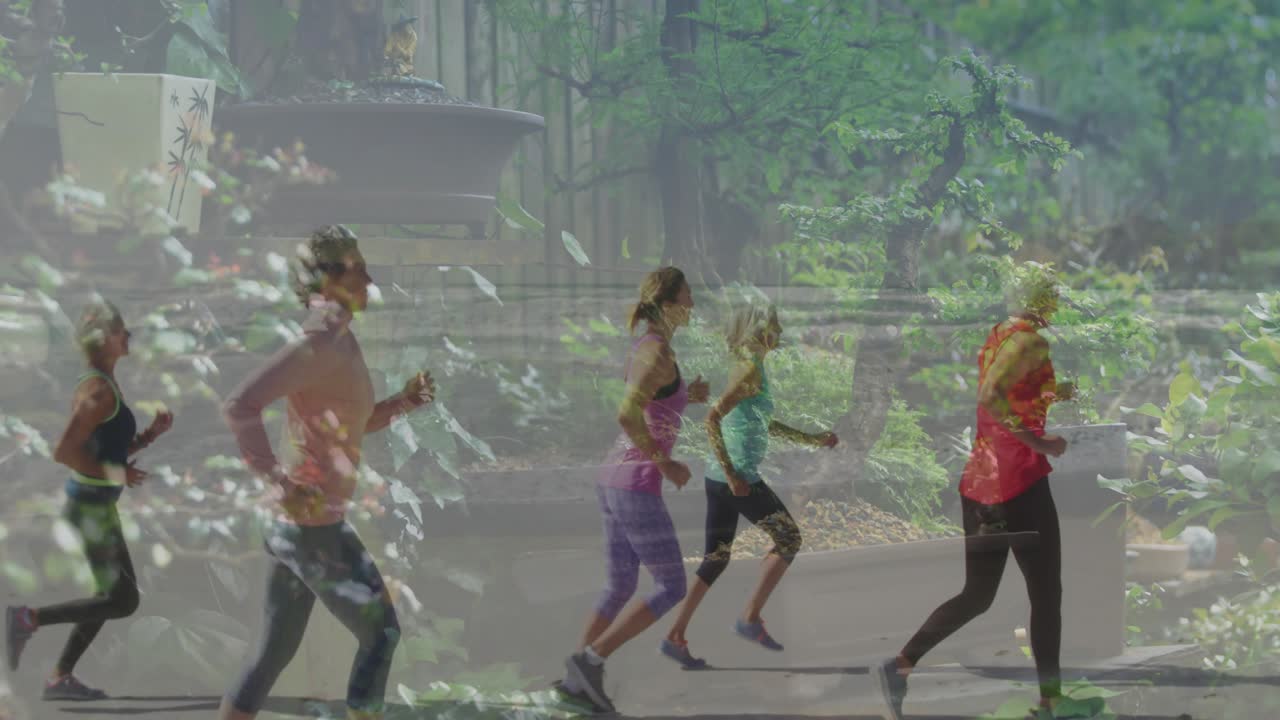 Mujeres entrando por la izquierda, trotando de izquierda a derecha en un sendero del parque, con una superposición de follaje que resalta el fitness grupal