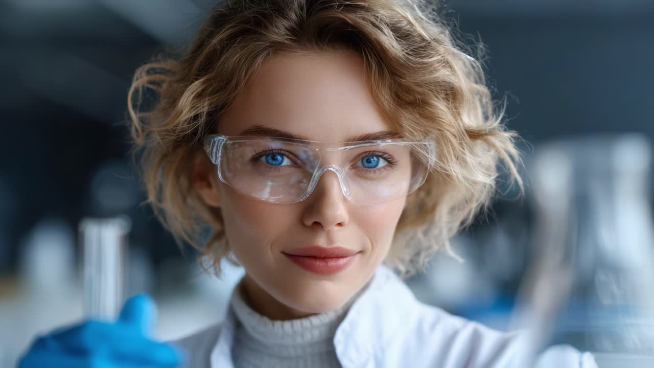 A Young Female Scientist in Safety Gear Conducting an Experiment with Test Tubes, Highlighting Precision and Focus in a Laboratory Environment