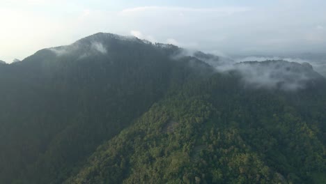 Vista-Aérea-De-Picos-Montañosos-Cubiertos-De-Una-Densa-Selva-Tropical-Y-Niebla-Que-Comienza-A-Envolverla