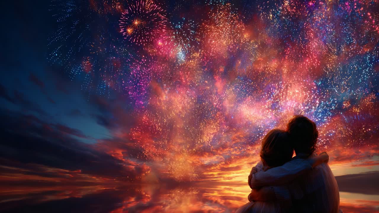 A Romantic Evening Under a Colorful Sky Exploding with Fireworks: A Couple Embraces as Vibrant Pyrotechnics Illuminate the Horizon with Joy and Togetherness