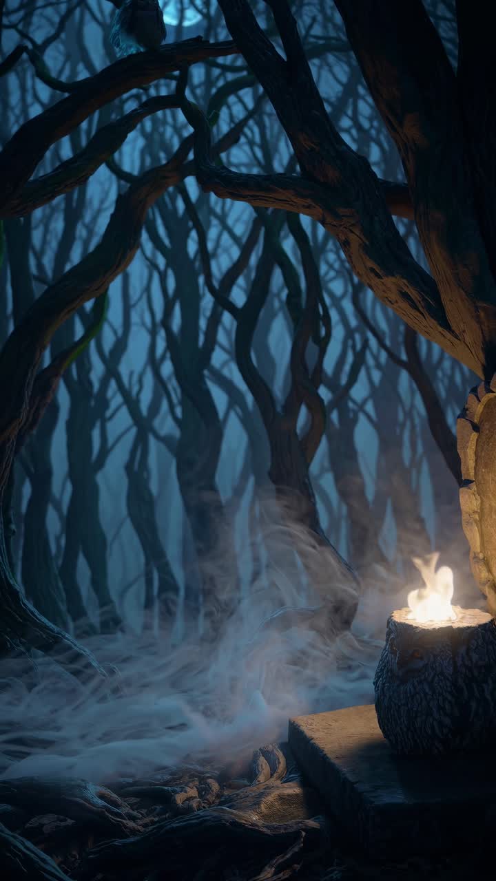 Escena de bosque inquietante con árboles retorcidos y un búho místico bajo la luz de la luna