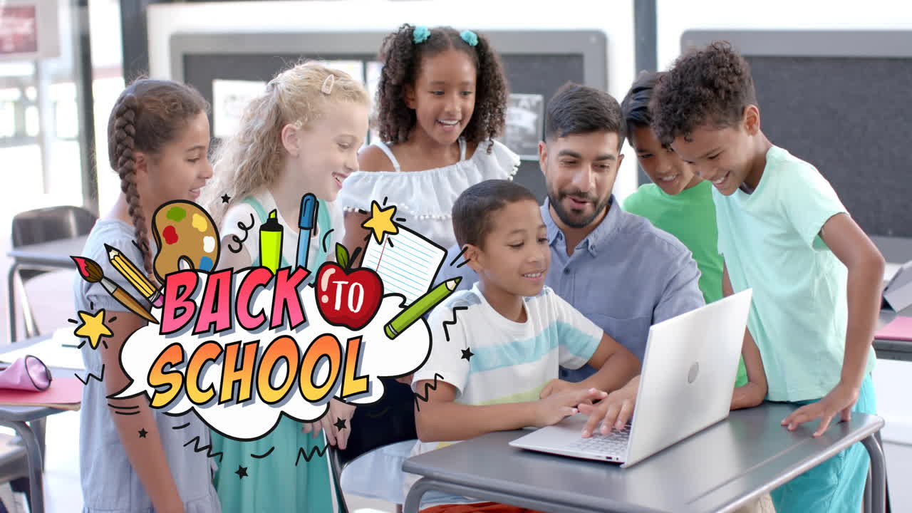 Animation of back to school text over diverse schoolchildren using laptop with male teacher