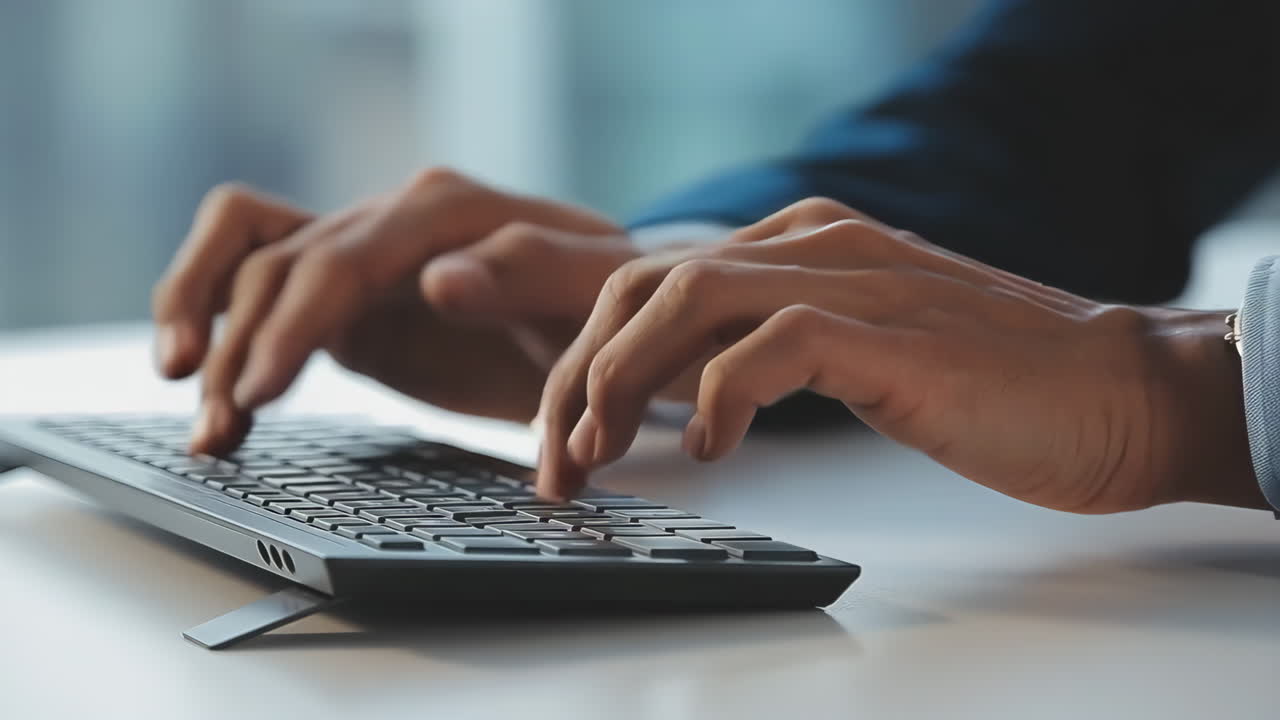 Nærbilde av hender som taster på et datatastatur.