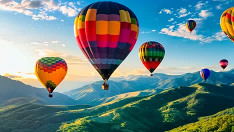 a group of hot air balloons flying over a mountain range