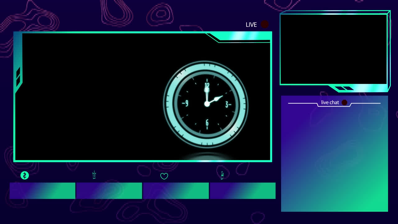 animación de reloj con agujas giratorias en la interfaz de transmisión de video en vivo con múltiples ventanas de fondo
