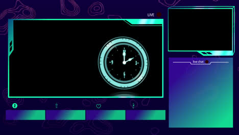 Animación-Del-Reloj-Con-Manecillas-Giratorias-En-La-Interfaz-De-Transmisión-De-Vídeo-En-Vivo-Con-Fondo-De-Múltiples-Ventanas