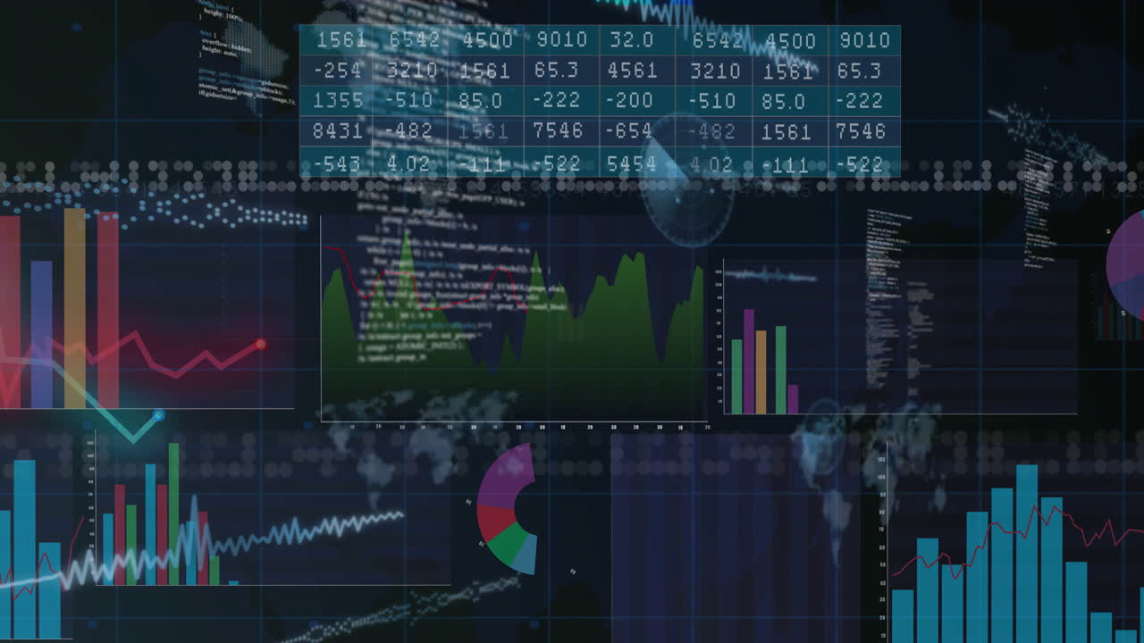 Financial data and graphs processing animation over digital world map background