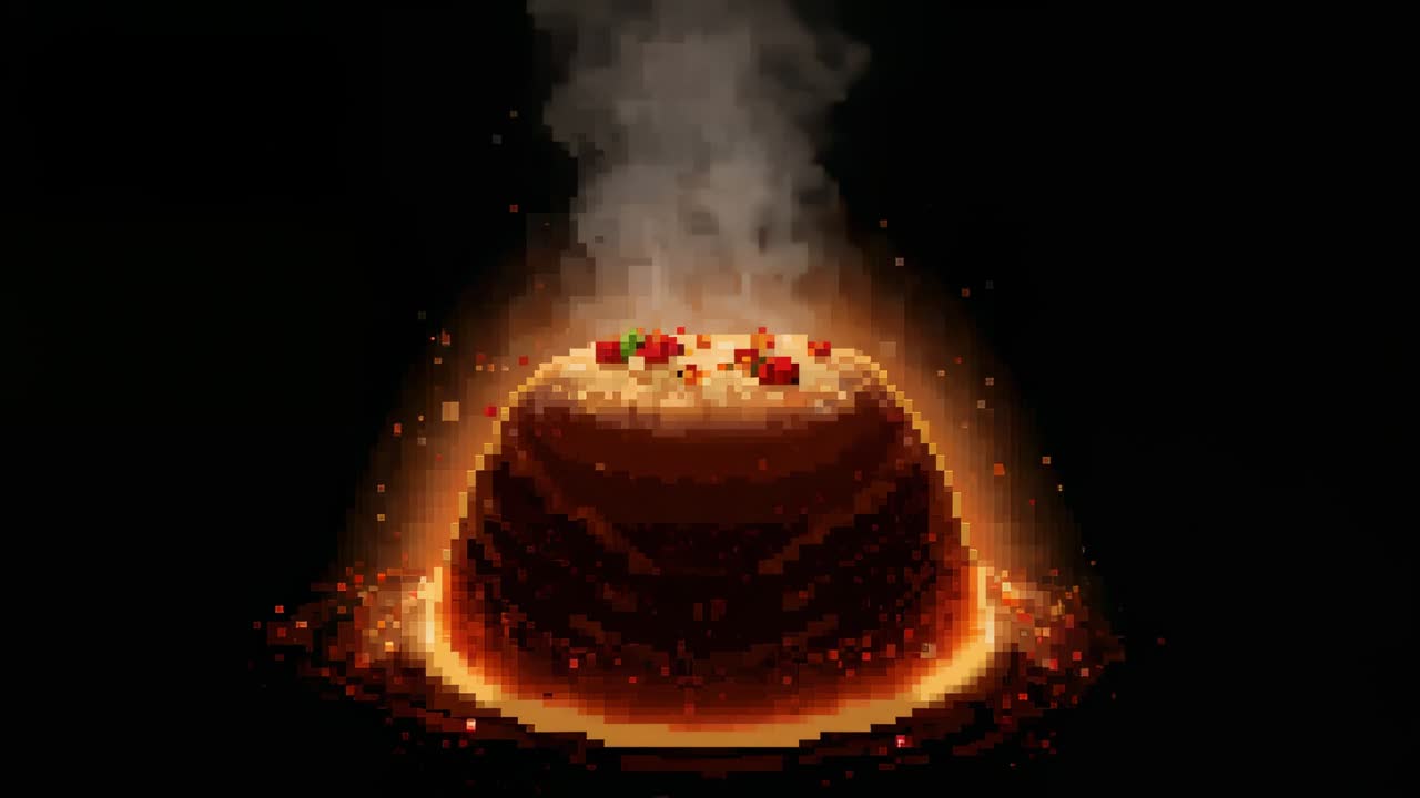 Looping animation showing pixel-art flan steaming hot on shallow plate in black void, rim glowing