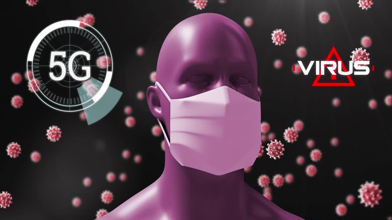 человеческая модель носит маску против клеток covid-19 на черном фоне