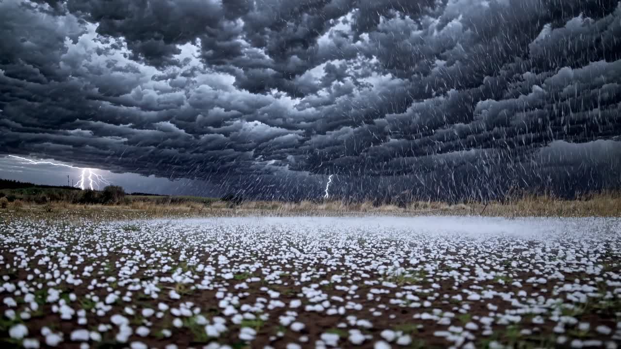 Dramatic low-angle video shot of a stormy landscape with dark clouds, lightning, and hailstones