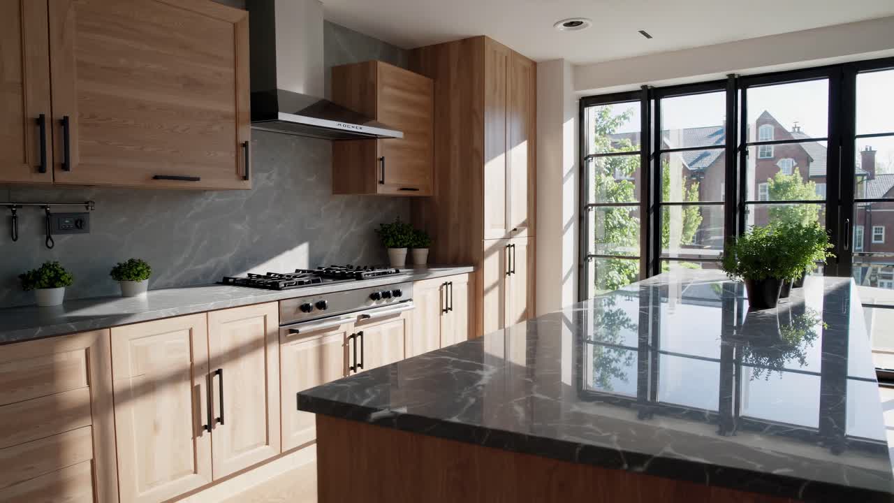 Cucina moderna con mobili in legno e ripiani in marmo, foto scattata da una angolazione bassa
