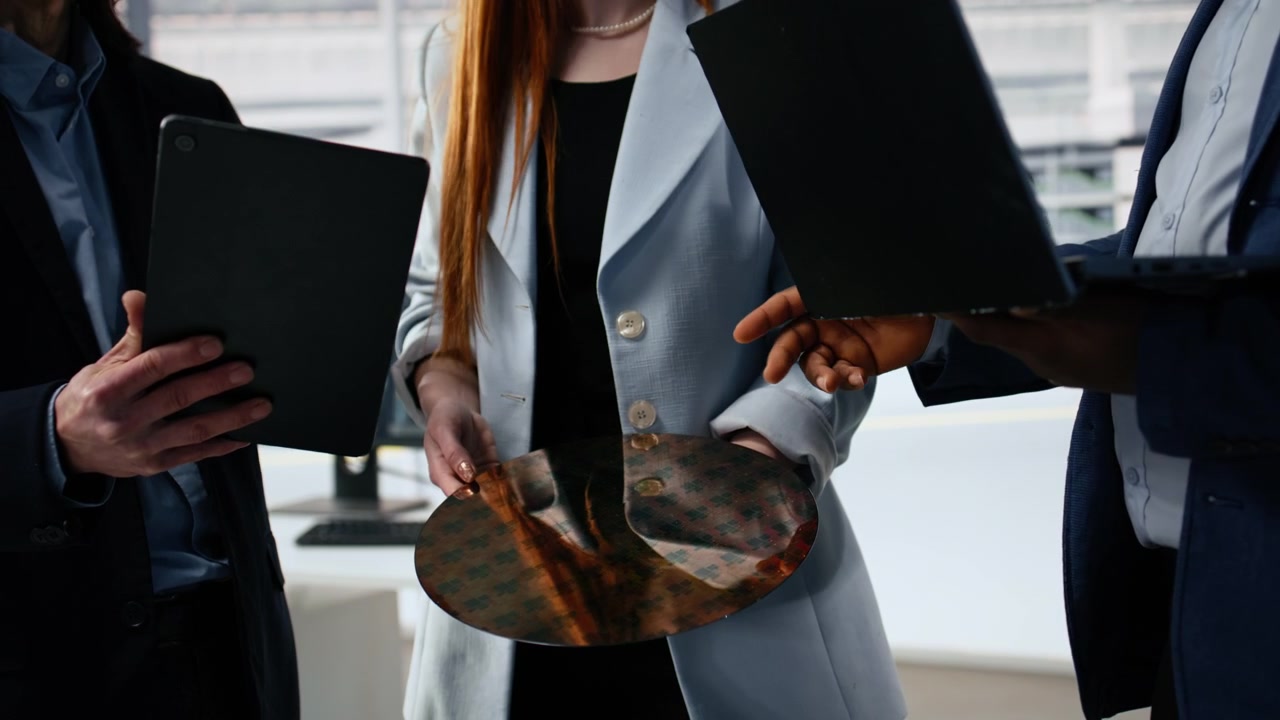 Zakelijk team bespreekt siliciumwafer en digitale technologie op kantoor