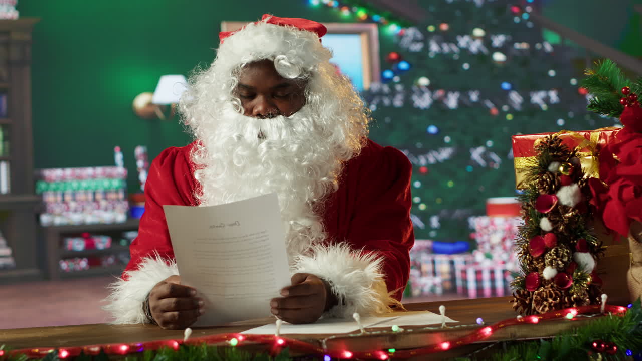 Santa Claus reading a letter at Christmas