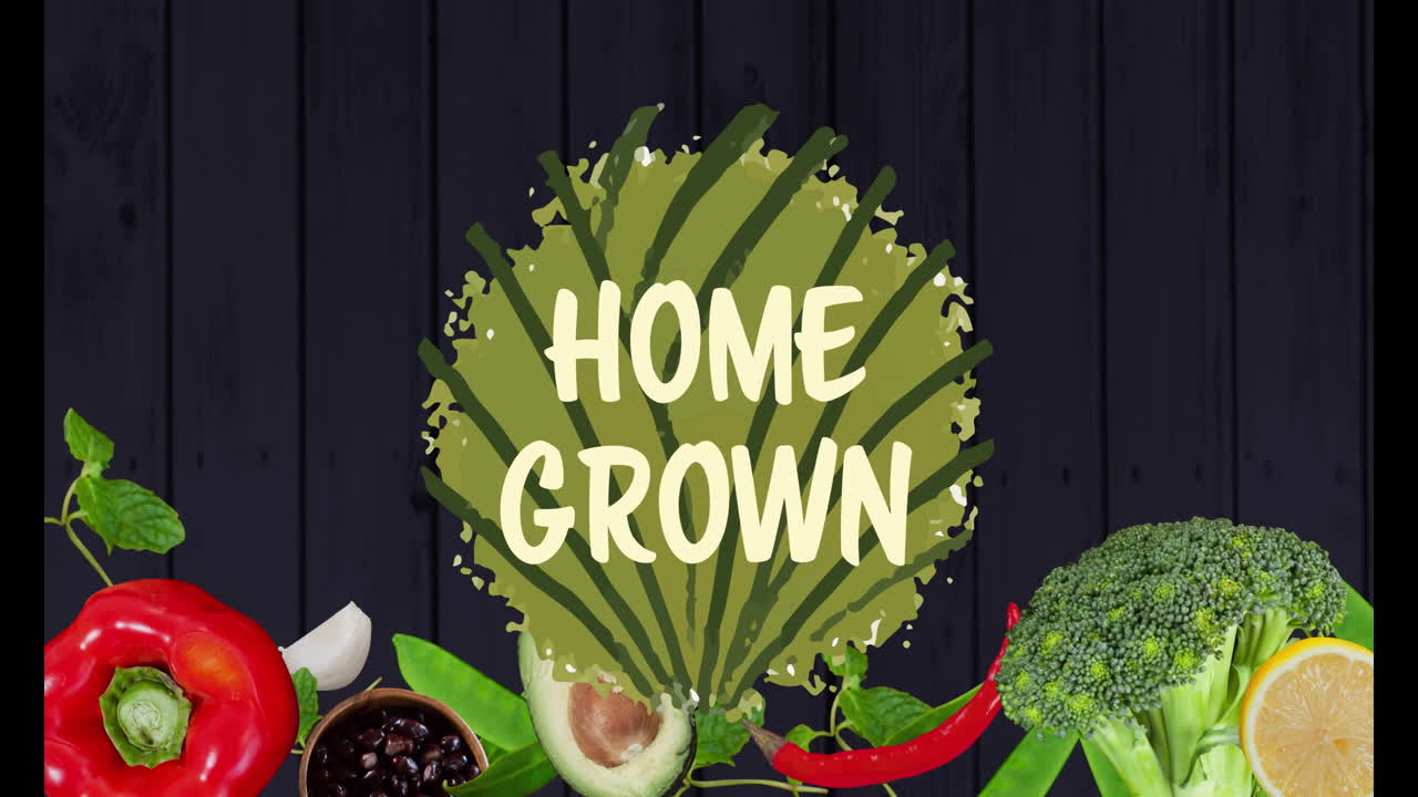 texto cultivado en casa sobre varias verduras, incluido el aguacate, el brócoli y la pimienta roja