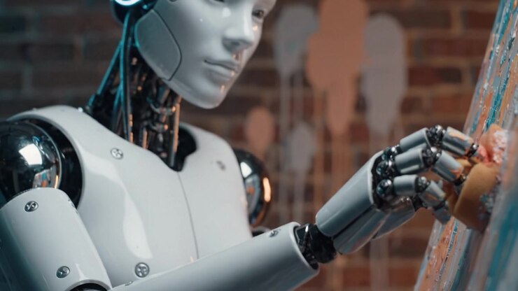 Un artista robotico in azione: immagini accattivanti di un robot che dipinge abilmente su tela con movimenti intricati e maestria avanzata