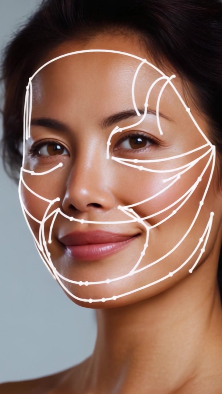 Trasformazione accattivante: Un primo piano del viso radioso di una donna con una complessa mappatura facciale che rappresenta bellezza e tecnologia in armonia.