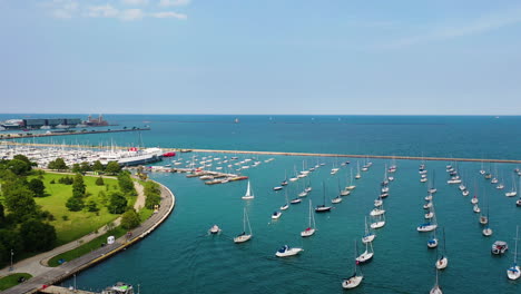 aerial view of boats moored at the monroe and dusable harbor, summer in chicago