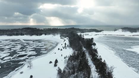 slow pan at high altitude over lakes in muskegon, mi