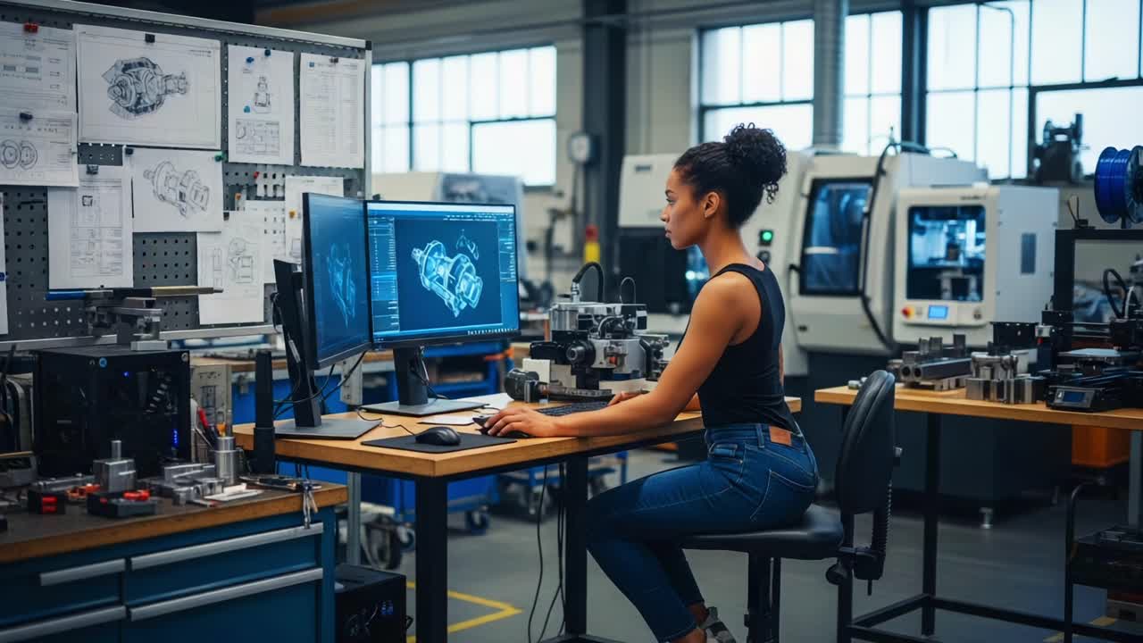 A Skilled Engineer Focuses on Complex Project Designs in a Modern Workshop, Utilizing Advanced Technology for Precision and Creativity in the Engineering Field