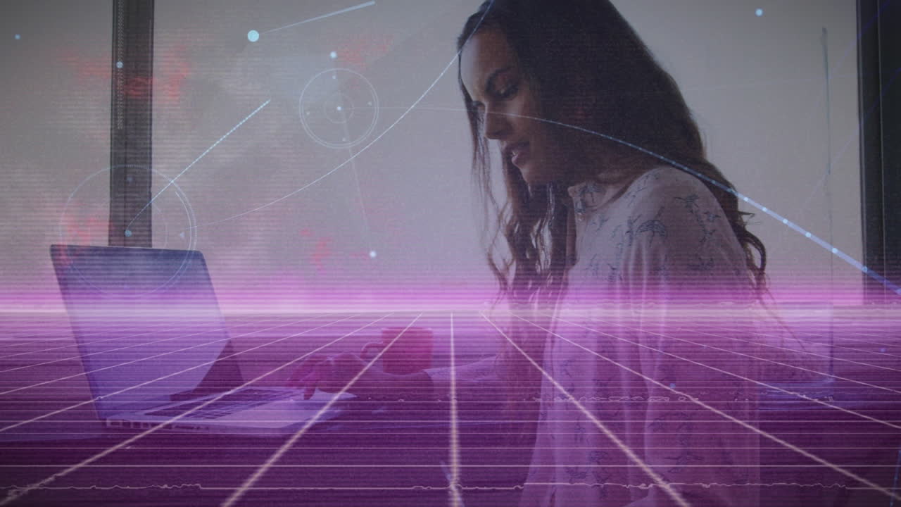 animación de redes de plexo sobre red de rejilla rosa contra una mujer biracial que usa una computadora portátil en la oficina