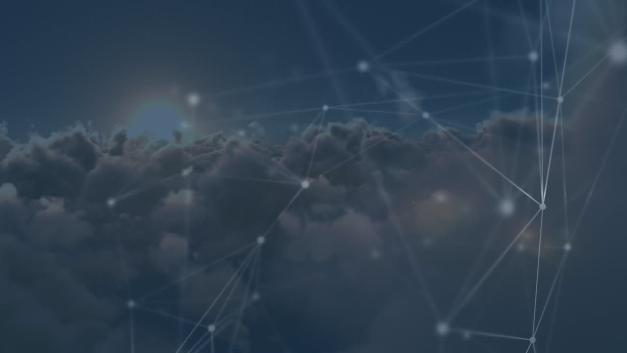 Animation of network of connections over clouds in background
