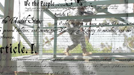 constitution text animation over soldier walking on metal structure