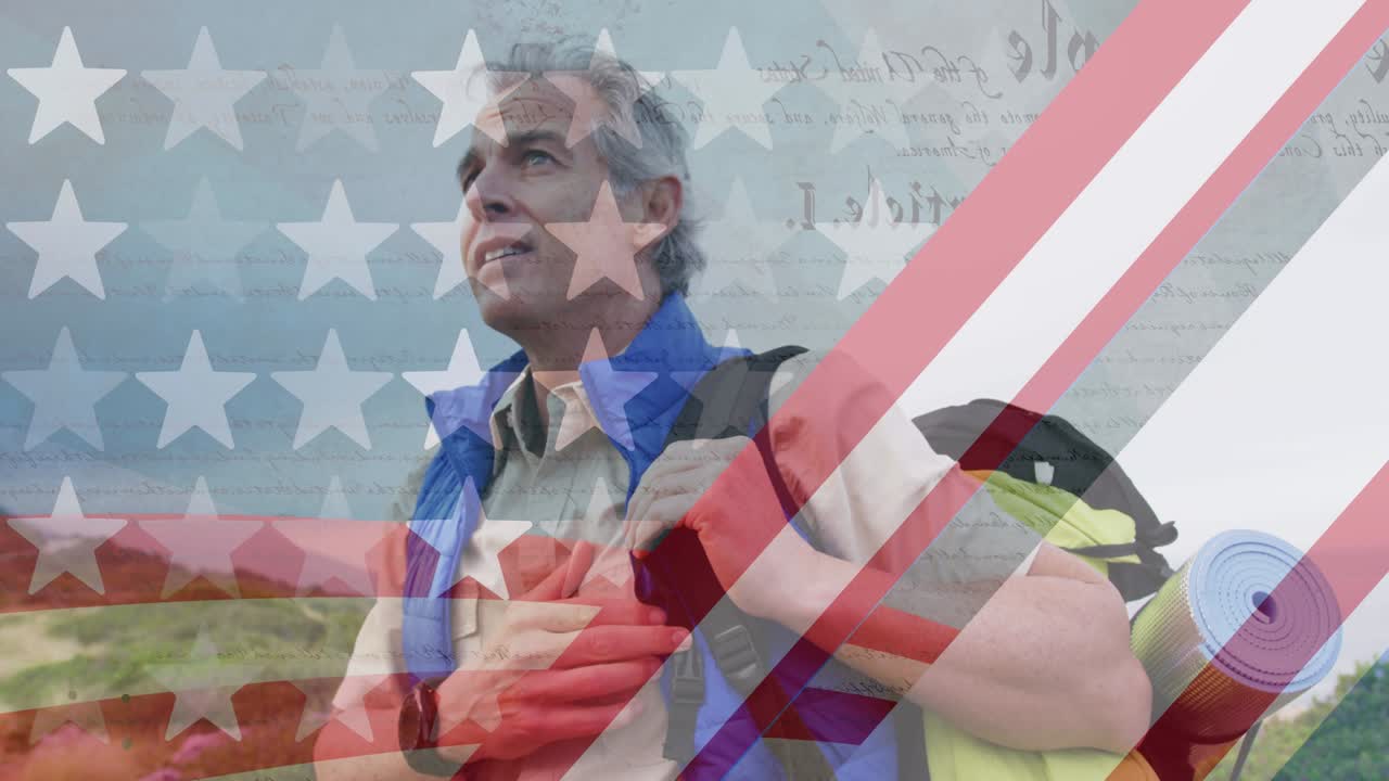 시니어 백인 남자가 산에서 하이킹하는 미국  ⁇ 발의 애니메이션