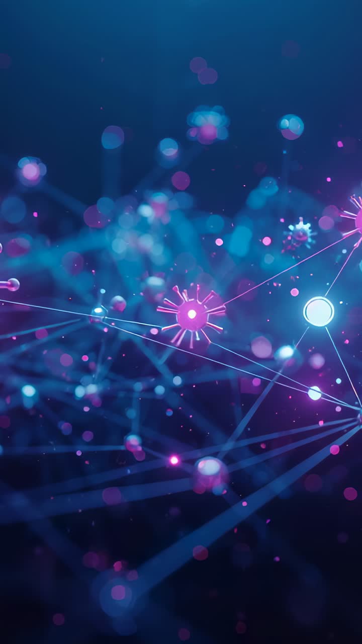 Vertical video: Pulsing magenta spiky node with cyan nodes sending signals after pulses in blue net