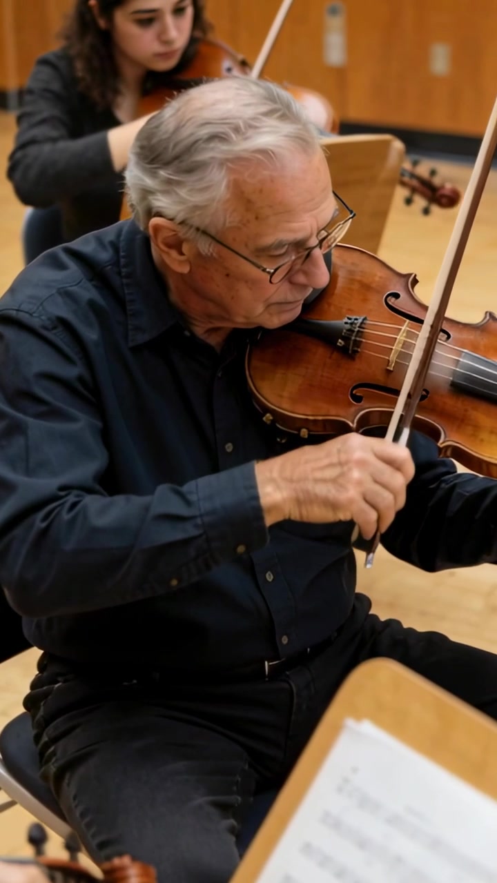 Vertical video: Score cueing senior violinist, bowing strings while peer mirroring rehearsing score