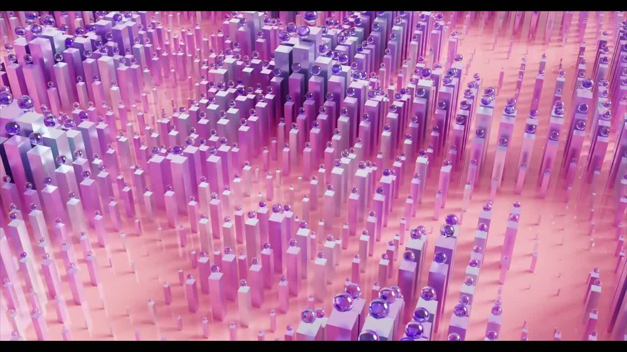 Undulating Pink and Purple Geometric Blocks with Bouncing Spheres