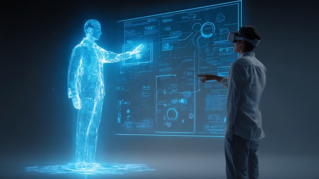 Exploring Virtual Reality: A User Interacts with a Holographic Representation of Data through a VR Headset, Engaging in an Immersive Experience of Digital Interaction and Innovative Technology