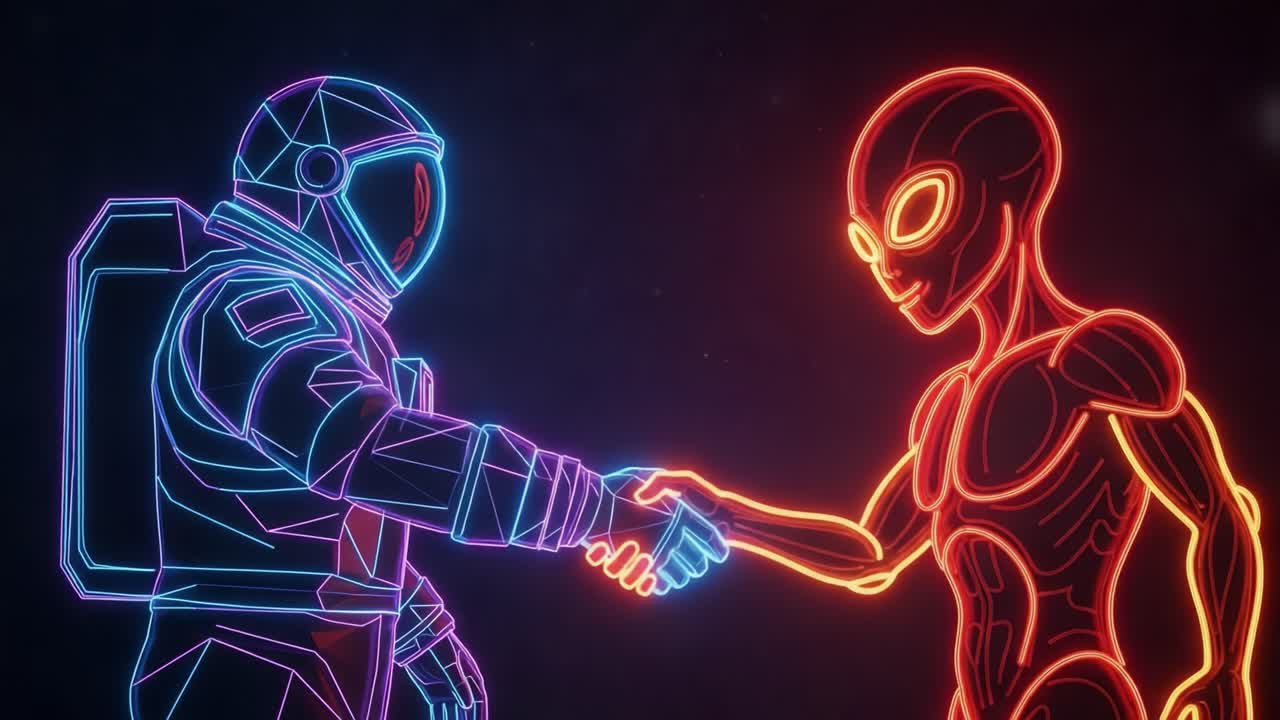 A Futuristic Encounter: An Astronaut and an Alien Forming a Historic Alliance Through a Handshake in a Vibrant Neon Universe