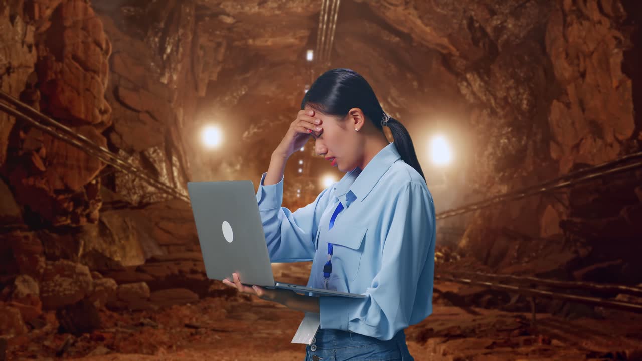 Side View Of Asian Female Professional Worker Use Laptop In Underground Mine Tunnel,  She Is Nodding Her Shead With Dissapionted