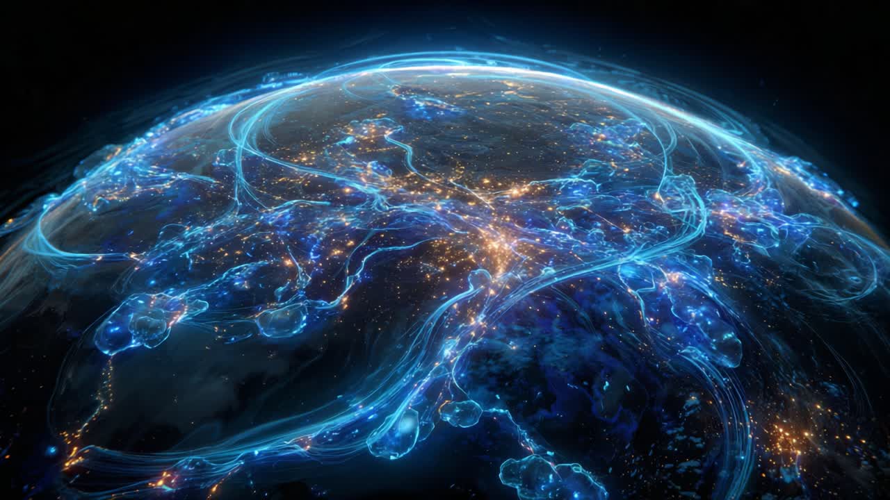 Glowing blue ethereal streams of light flowing over the planet's surface, connecting continents and cities in a vibrant representation of global networks, data transfer, and future technology