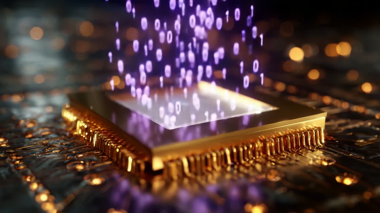 A Stunning Visual Representation of Data Flow in a High-Tech Microchip, Showcasing Binary Code as it Streams from a Modern Processor, Evoking the Essence of Digital Transformation and Innovation