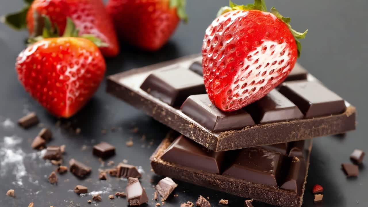 Dark chocolate squares and ripe, vibrant strawberries arranged artfully against deep background, showcasing luxurious gourmet flavor and elegant food styling with sensory visual appeal